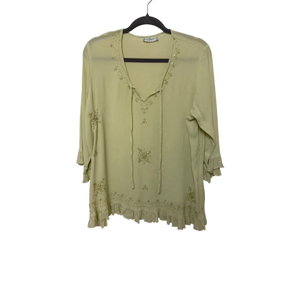 Ulla‎ Popken Sage Green Embroidered Sequin Ruffle Tunic Blouse XL Boho Tunic